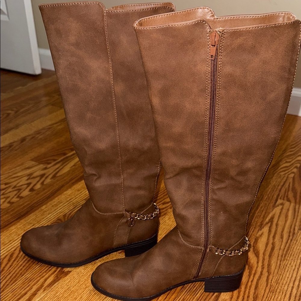 Nautica Rebeka Womens Boots Tan Brown Knee High Chain Riding Zip Calf Boots 7